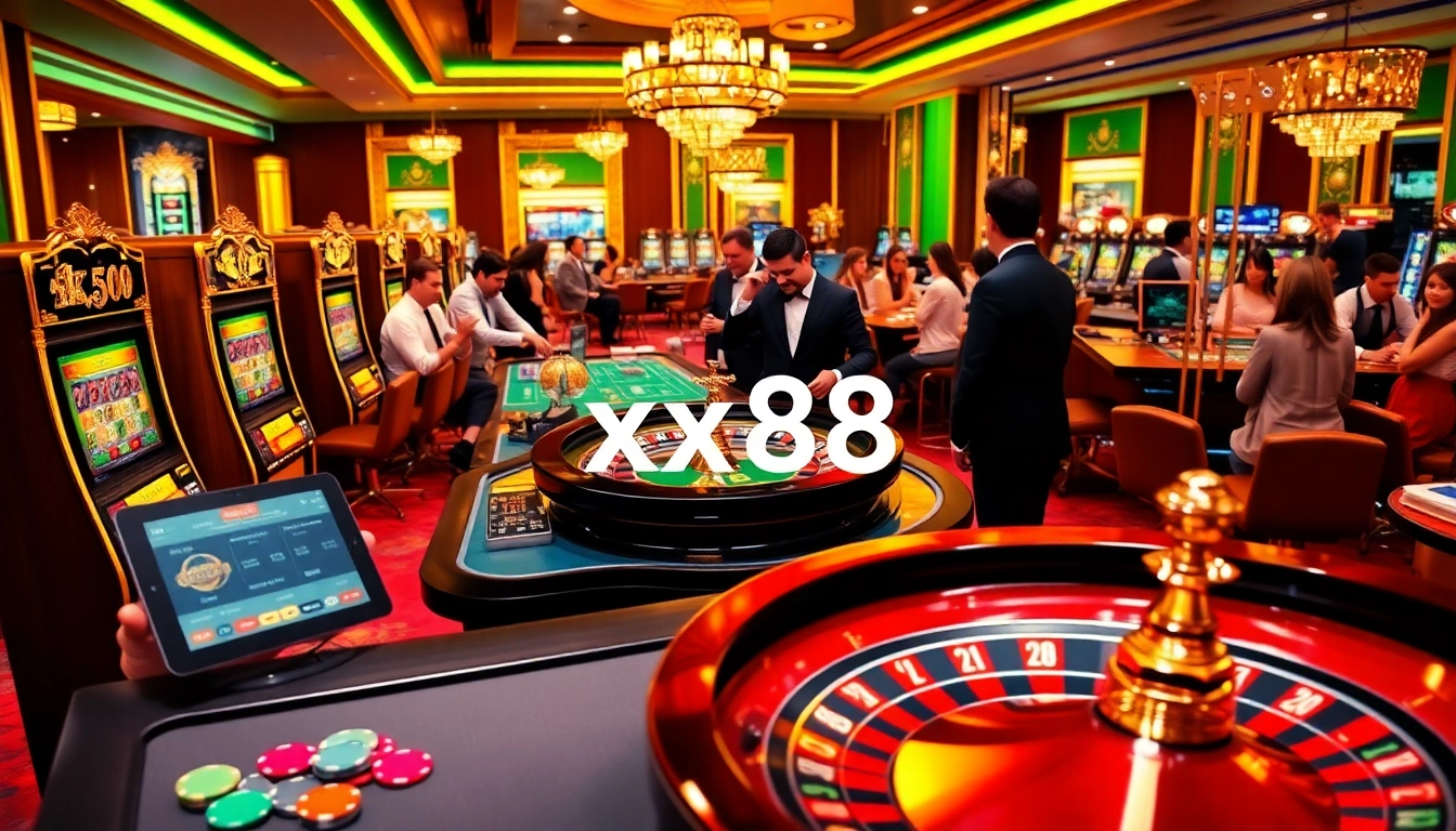 Experience the thrilling ambiance of xx88 with vibrant casino elements and players in action.