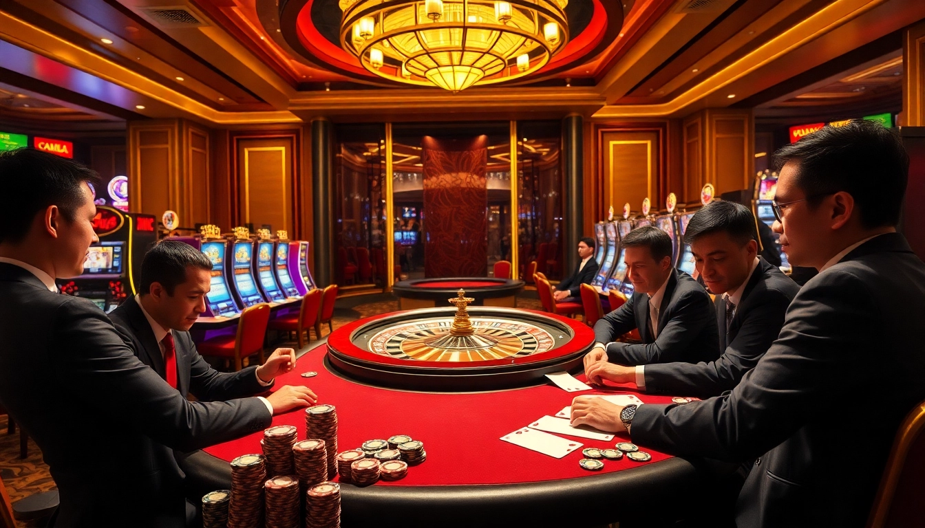Situs11 showcases a luxurious casino experience with vibrant gaming tables, roulette, and engaged players.