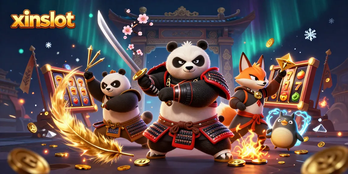 XINSLOT features a fierce samurai panda, ninja fox, and magical tanuki amidst slot symbols and gold coins.