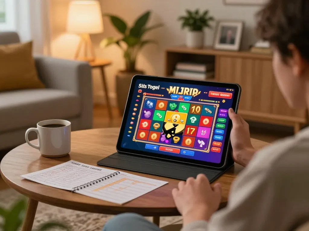 pemain situs togel terlibat di tablet di lingkungan rumah yang nyaman, menunjukkan strategi dan kegembiraan dalam perjudian online.