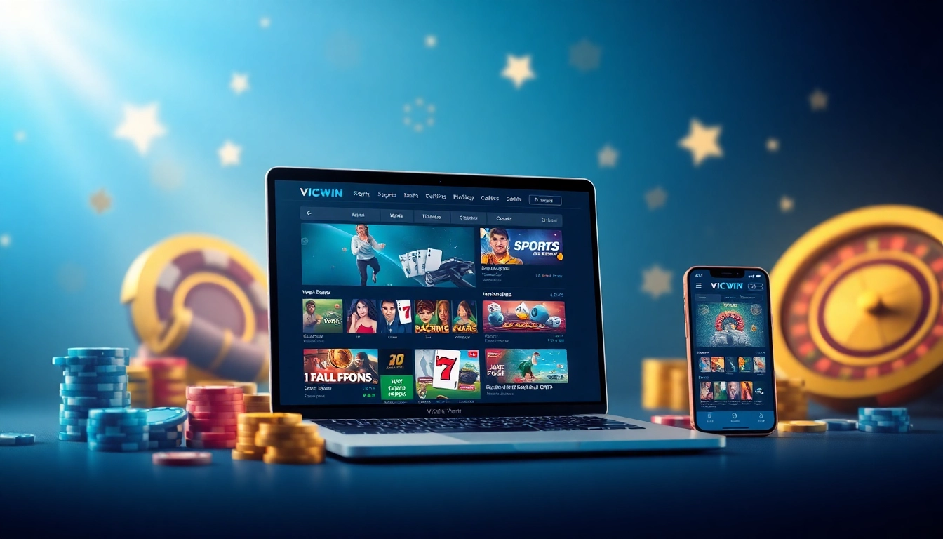 VICWIN online gambling platform showcasing a laptop and mobile device with vibrant game graphics.