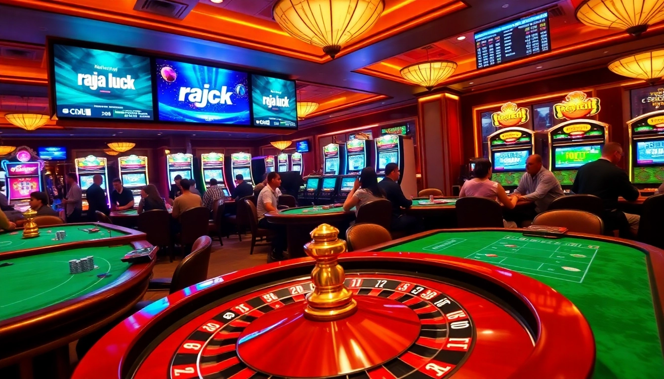 Experience thrilling gameplay at RAJA LUCK's luxurious casino, showcasing vibrant slot machines and engaged players.
