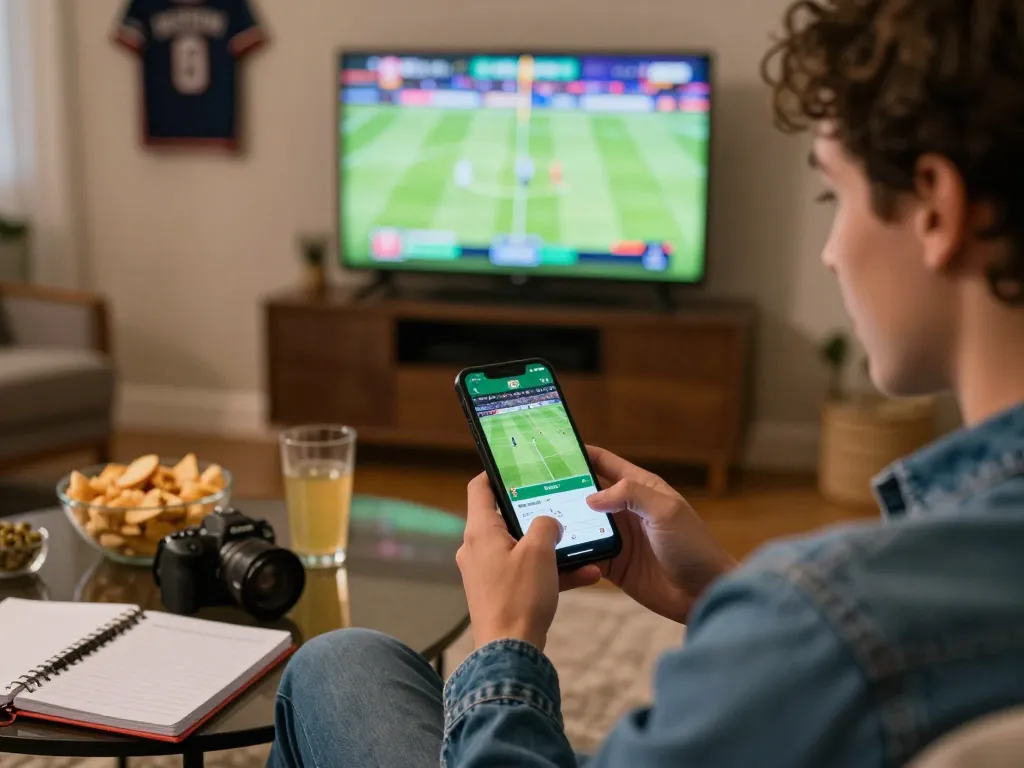 Engaged individual checking ty le keo on sports betting app during a lively home gathering.