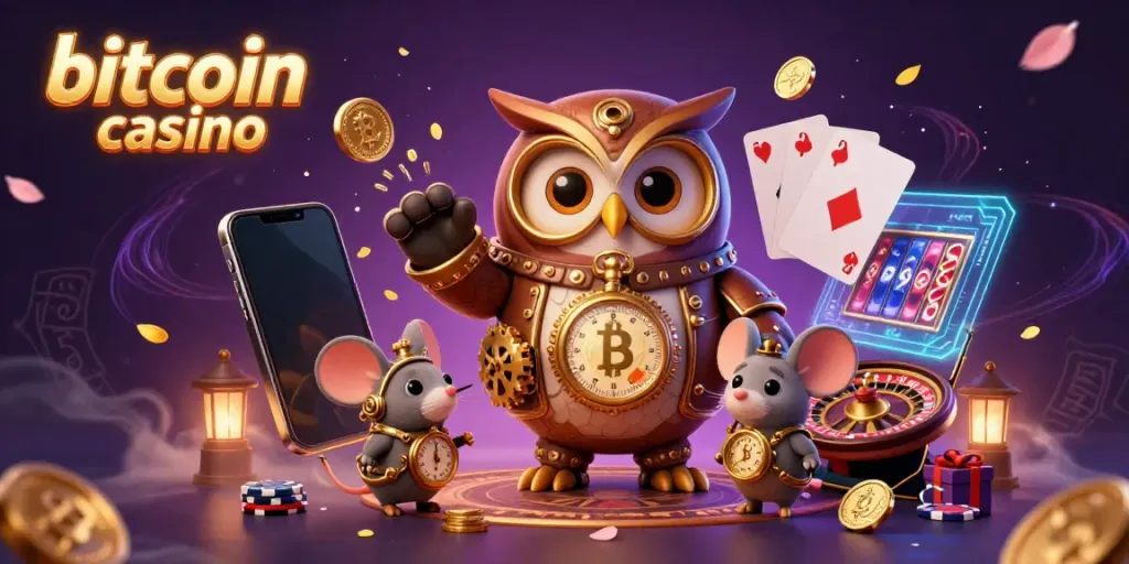 Experience the vibrant atmosphere of a bitcoin casino with dynamic game elements and whimsical characters in a rich scene.
