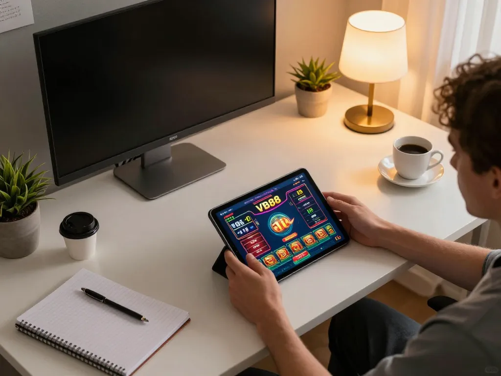 Engaging in online VB88 gaming on a tablet at a cozy home setup, illustrating strategic betting