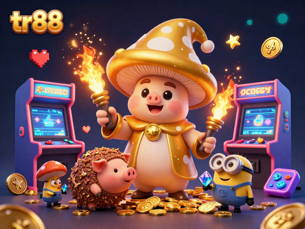 Experience the magic of tr88 with a playful golden wizard and treasure-seeking truffle pig in this lively casino scene.