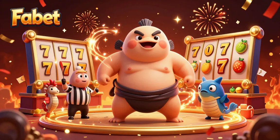 Experience Fabet's vibrant casino action with celebratory fugu and slot symbols in this dynamic scene.