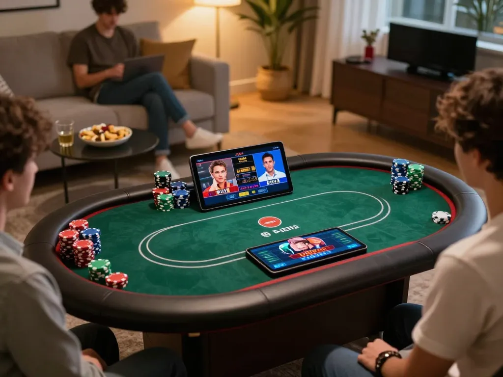 Players engage in F168 poker online on a tablet with vibrant gameplay and colorful chips.