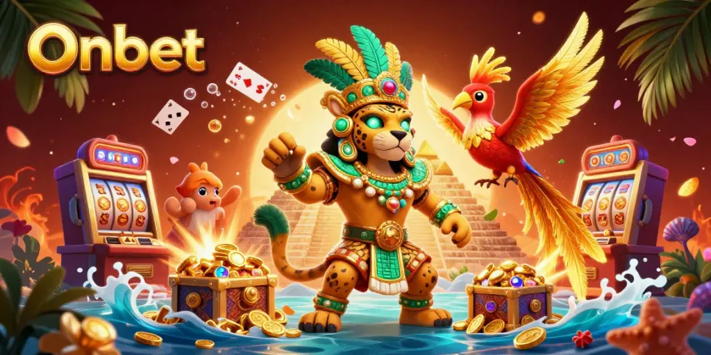 Engage in thrilling gameplay with Onbet's colorful slots and dynamic characters in a vivid 3D scene.