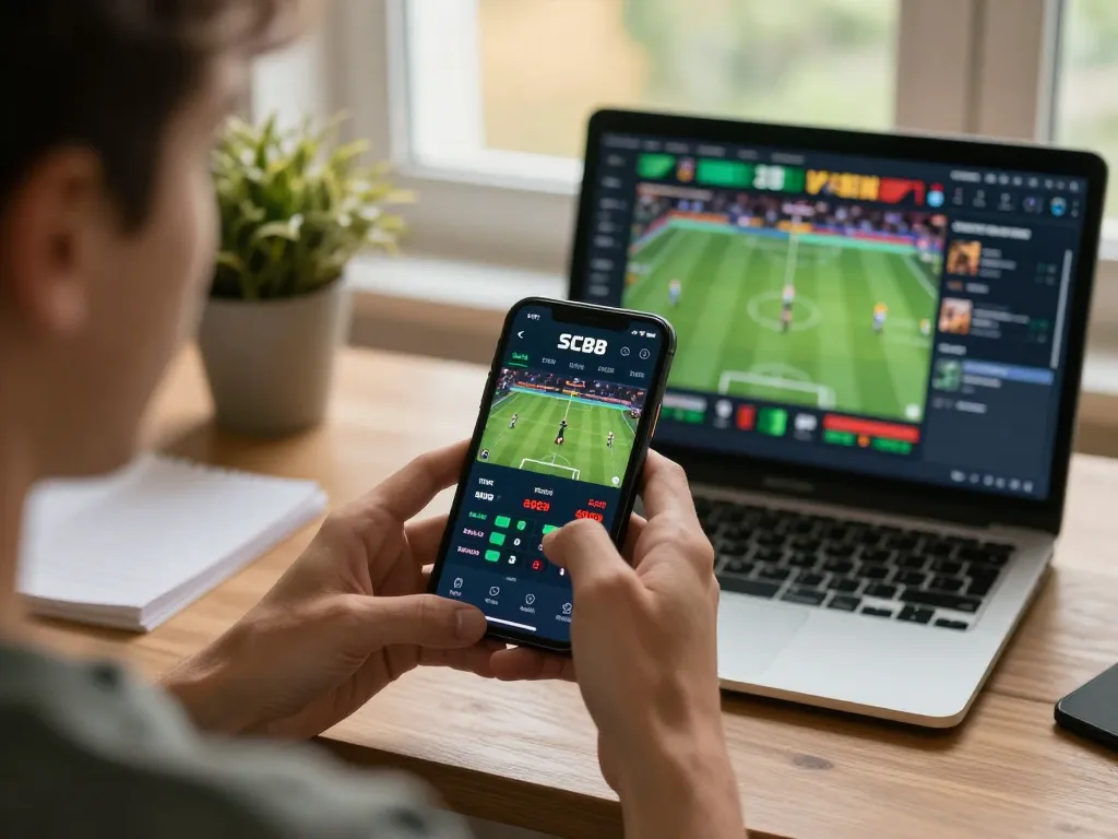 Engage in strategic betting with SC88 app on smartphone in modern home setup.