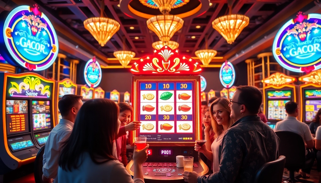 Players celebrating a big win at the RTP Slot Gacor machine in a luxurious casino environment.