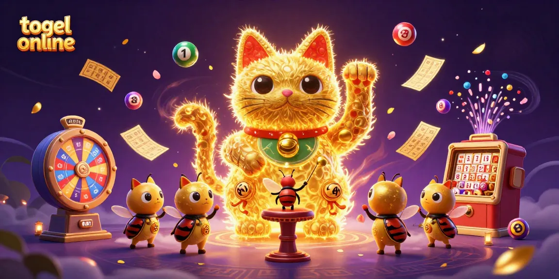 Engage in togel online with a vibrant illustration of a lucky cat formed by golden fireflies, surrounded by dynamic lottery elements.