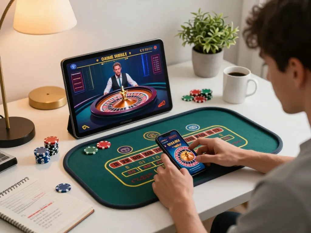 Engaging scene of a player focused on VA88 smartphone roulette game with cozy workspace details