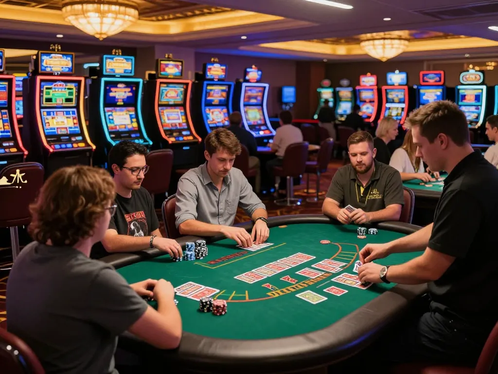 Players enjoy thrilling games at online casinos accepting credit cards under vibrant lighting.