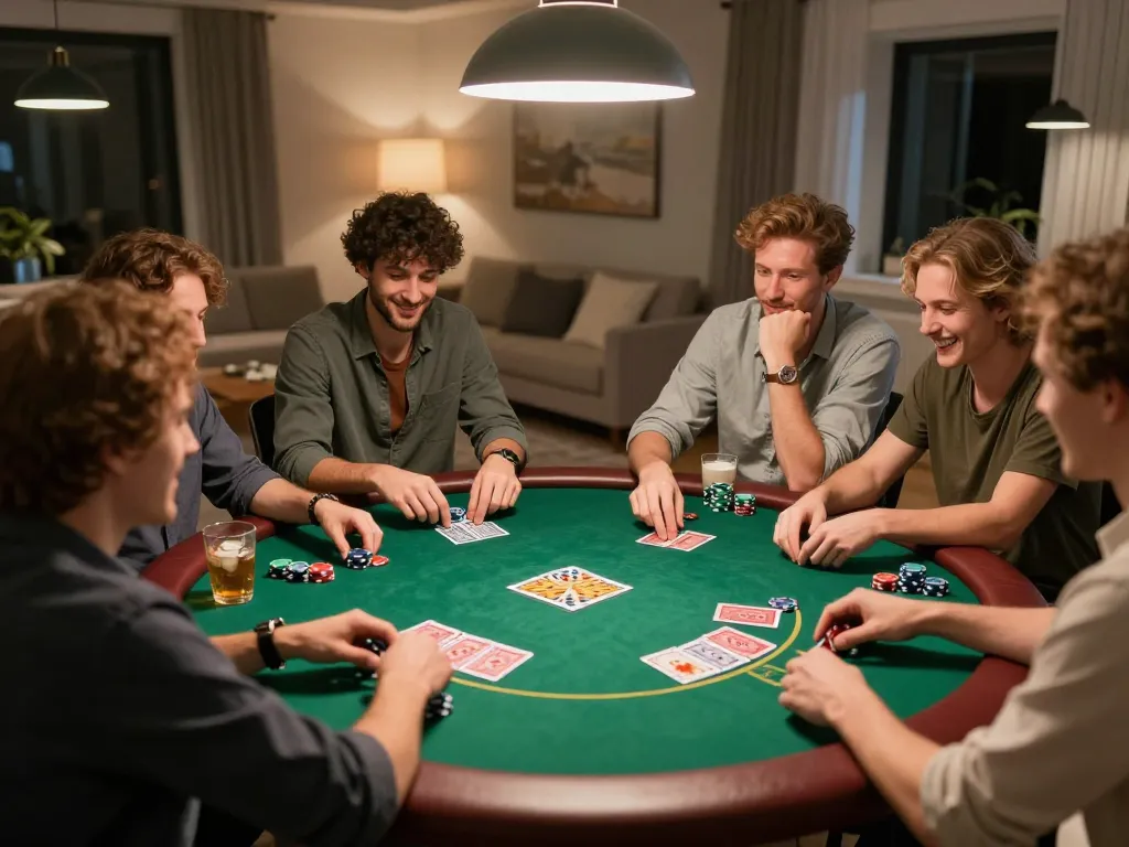 Players enjoying a thrilling home poker game with soc88 themed setup and lively interactions