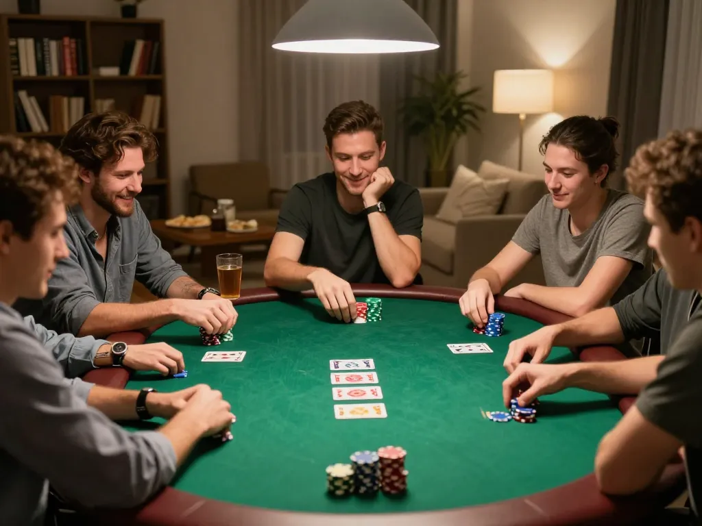 Keratontoto poker game night scene with friends strategizing at home.