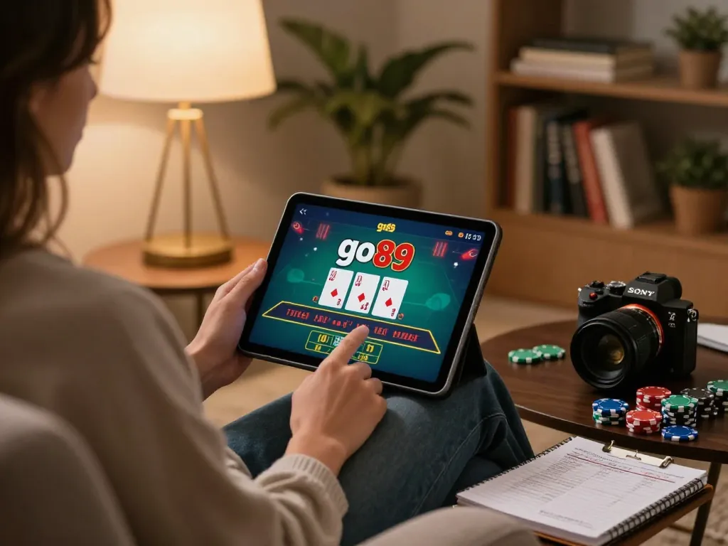 Player enjoying go89 online blackjack on tablet in cozy home setting with bankroll notes.