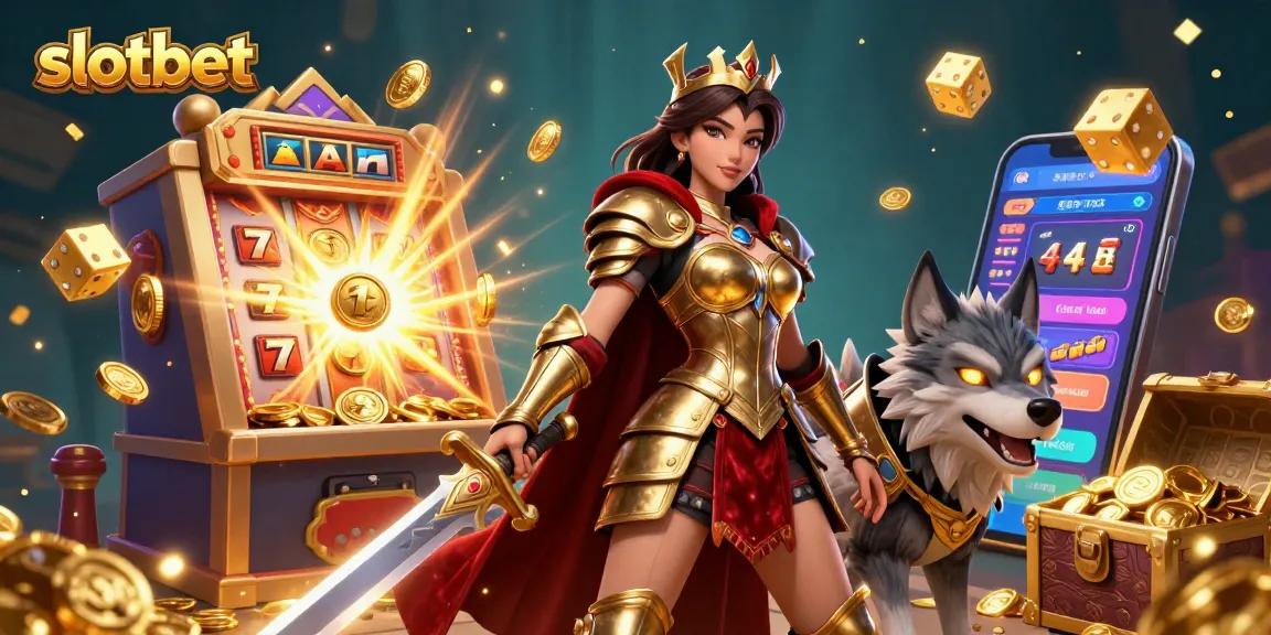 Join the excitement at slotbet with a stunning 3D illustration of a warrior queen and her armored wolf amidst a jackpot explosion.
