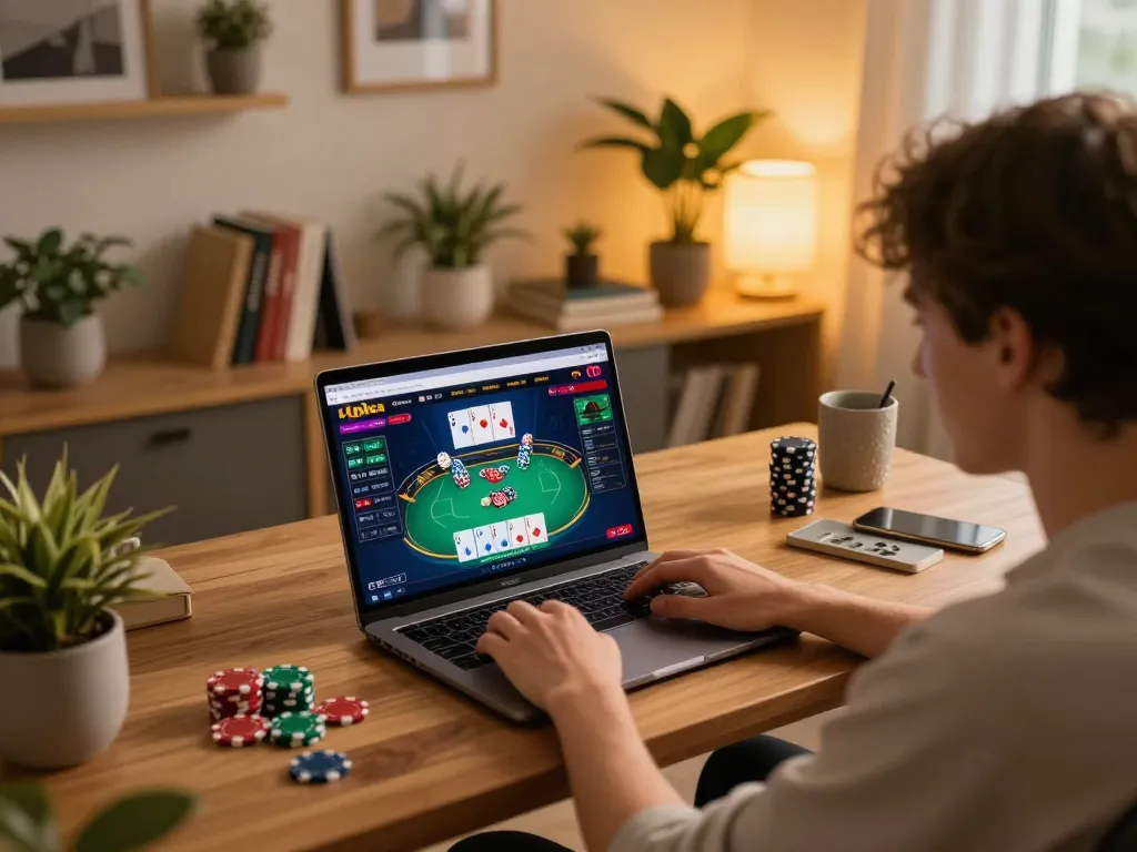 Engaging online poker gameplay on ww88 platform, highlighting strategic bets and cozy atmosphere