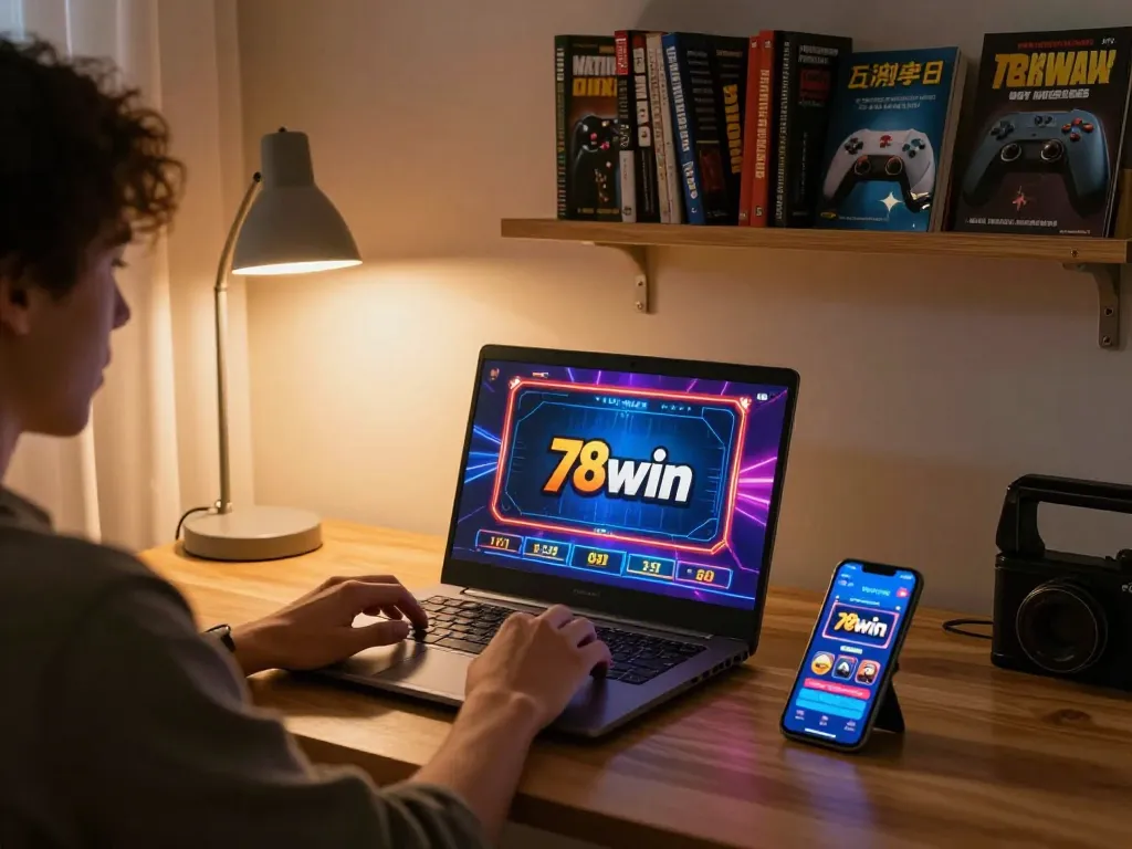 Person enjoying 78win online gaming on a laptop, showcasing casino strategy and lifestyle.