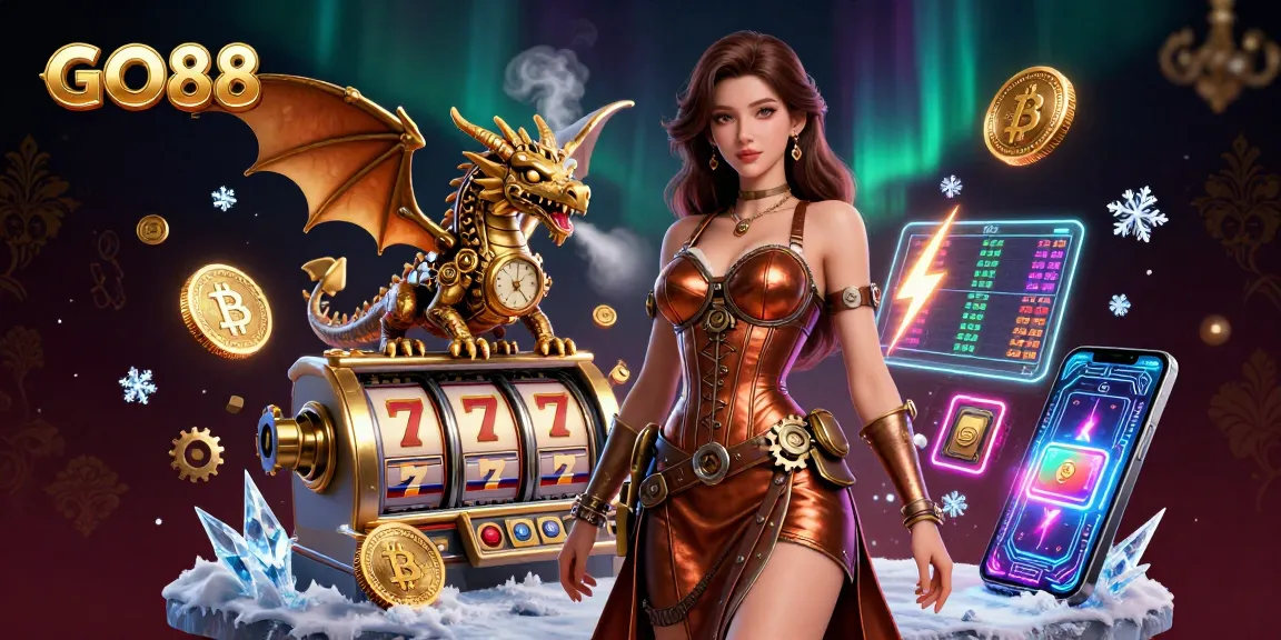 Experience the thrill at GO88 with vibrant slot reels and dazzling casino elements in a stunning digital illustration.