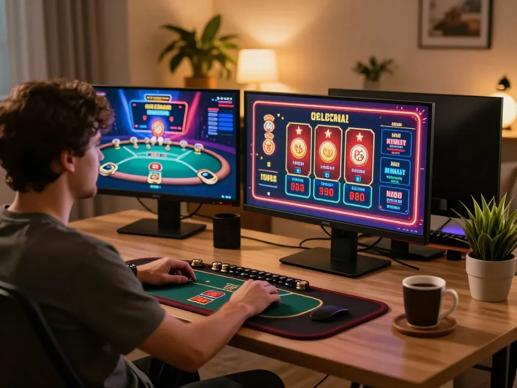 Engaged player at home using the TG88 platform for online gambling, showcasing immersive casino games.