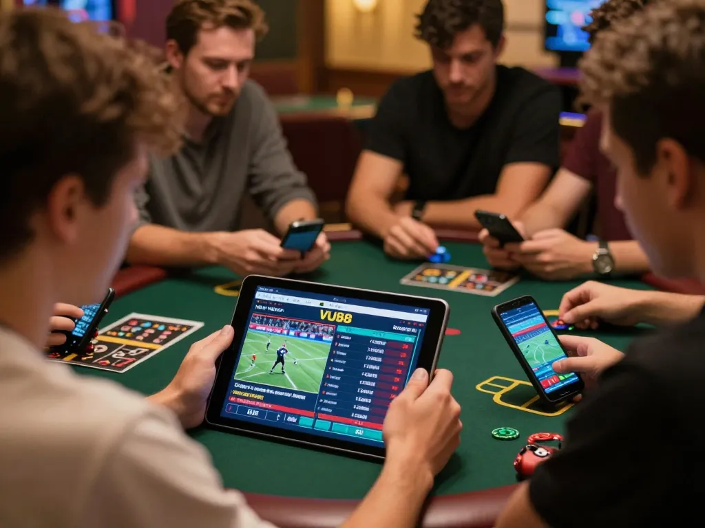 Player engaging in sports betting on VU88 through a tablet, showcasing a lively online gaming atmosphere.