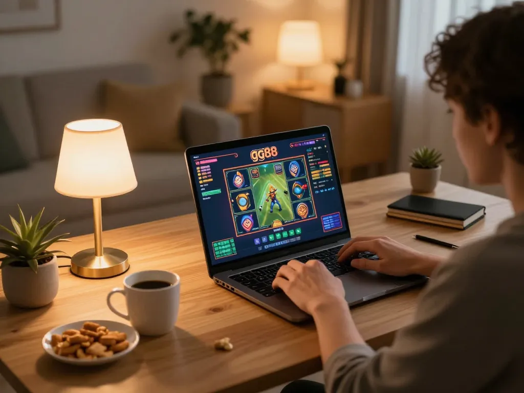 Playing gg88 slot games on laptop in a cozy home environment