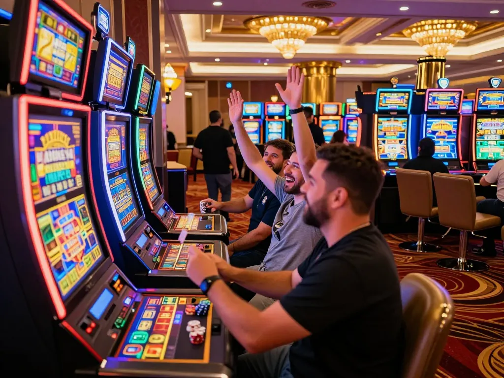 A bustling casino scene where players enjoy KJC slot machines, celebrating wins amidst vibrant neon lights.
