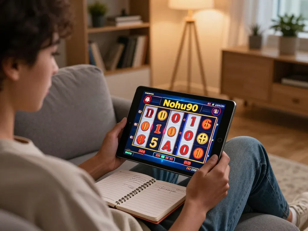 Nohu90 player enjoying online slots on a cozy tablet setup at home.