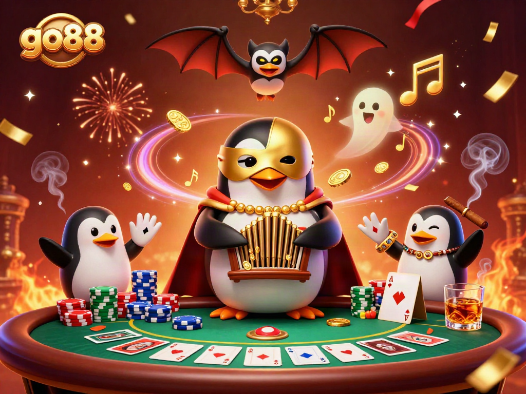 Experience fun with go88 as the phantom opera penguin plays while winning coins fill the air.