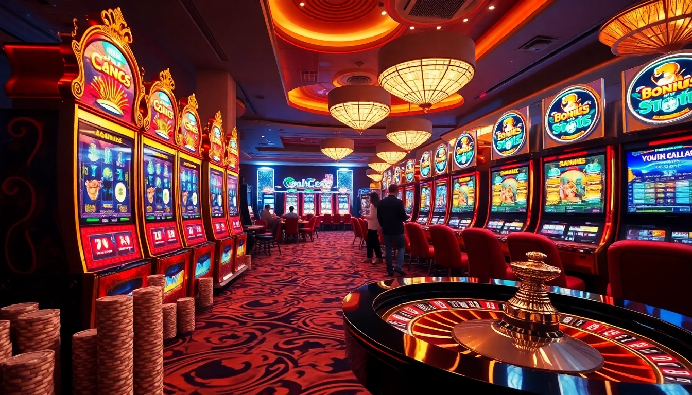 Situs Slot machines flashing with excitement attract players in a luxurious casino setting.