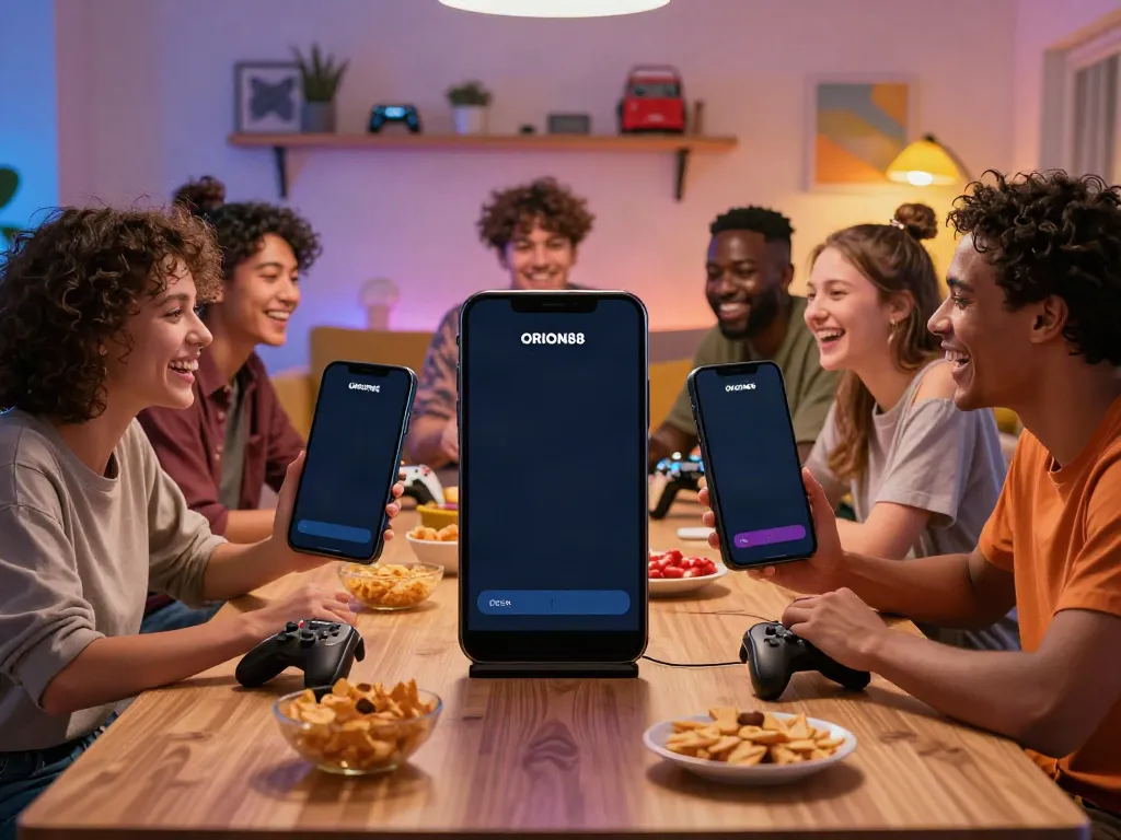 Group of friends enjoying ORION88 mobile gaming in a cozy living room.