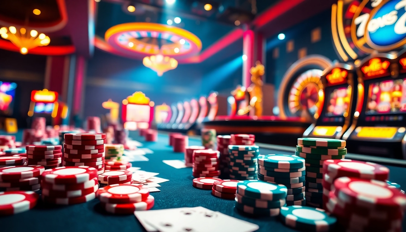 Experience the excitement of tk88 casino gaming with vibrant poker chips, cards, and a roulette wheel.