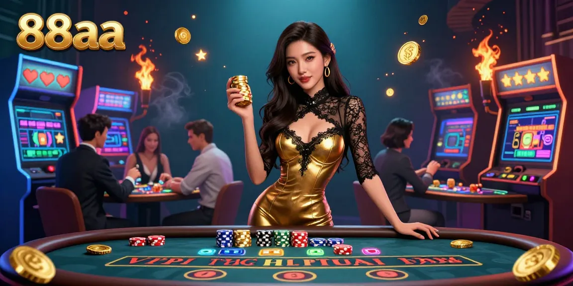 Experience thrilling gaming at 88aa with a glamorous Asian woman at a VIP baccarat table holding golden chips.