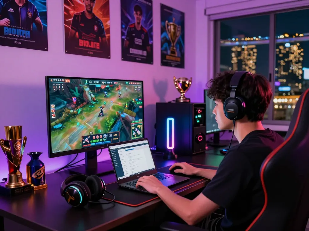 Engaging Singapore esports betting scene showcasing a gamer focused on a live match while surrounded by colorful game merchandise and betting stats.