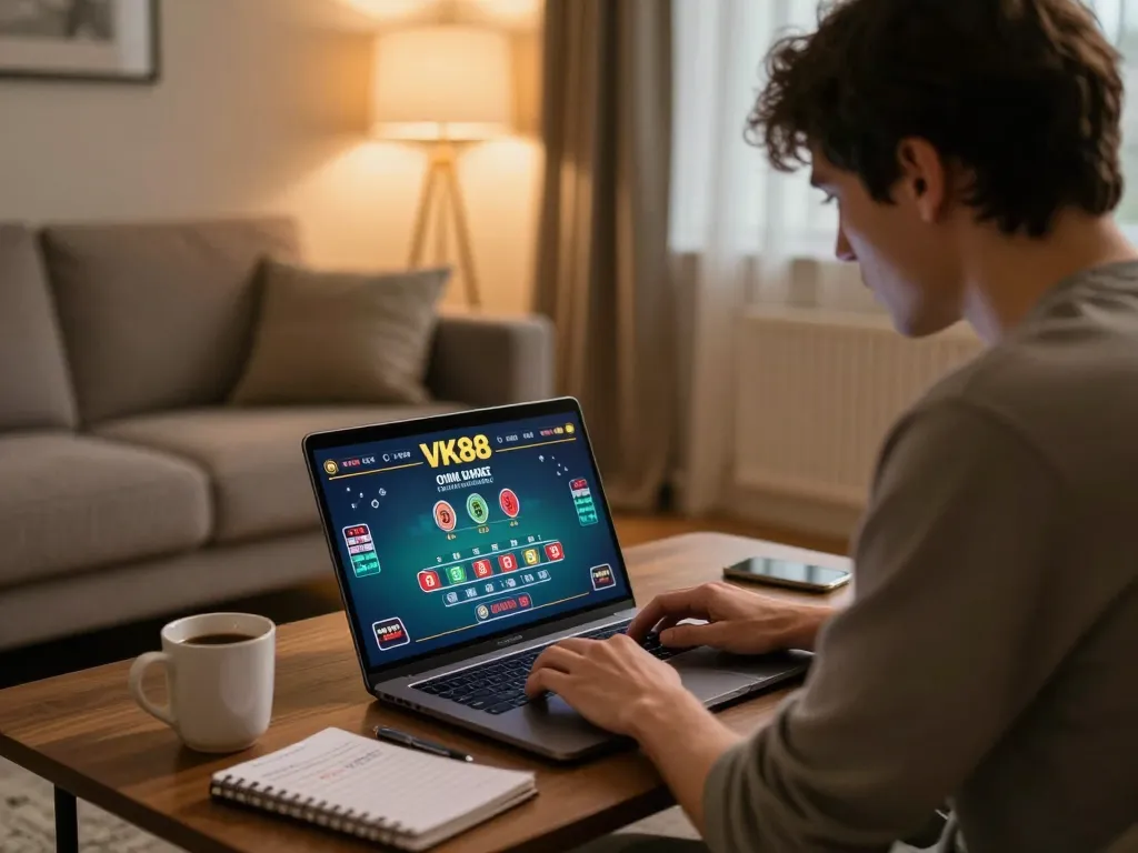 Engaging player focused on VK88 live dealer game in a cozy home setup