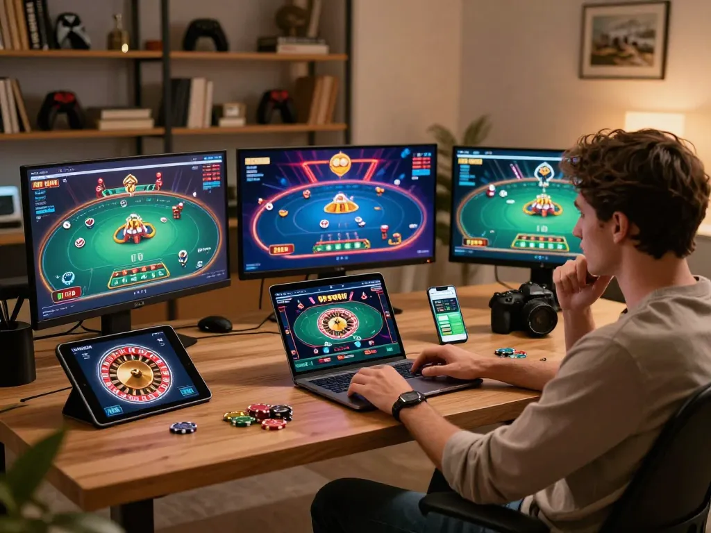 Player enjoying immersive online casino games at home with LV88 platform on multiple devices, illustrating strategic gameplay.