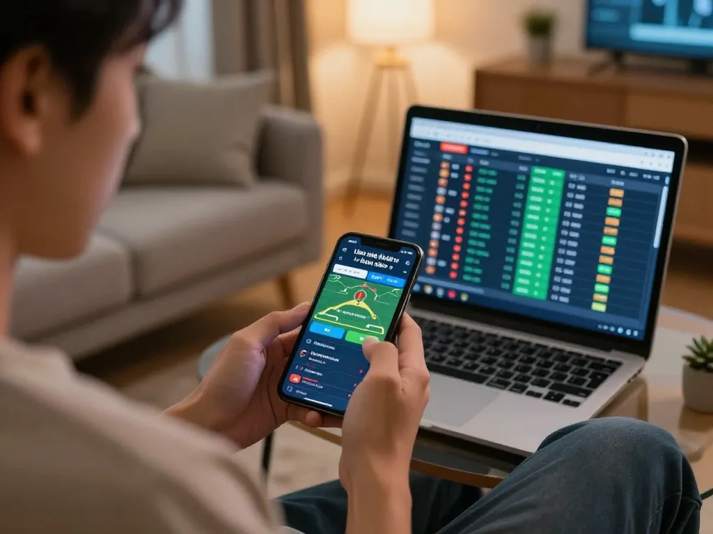 Engaging with kèo nhà cái hôm nay on a smartphone while betting from home.