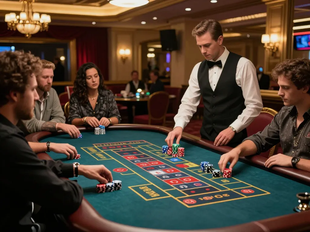 MU88 roulette table with players placing bets and croupier managing game, energetic casino ambiance