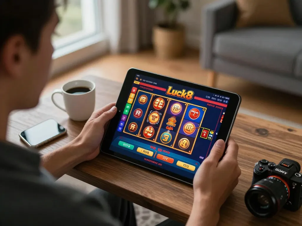 Luck8 user actively playing slots on a tablet in a cozy home environment.