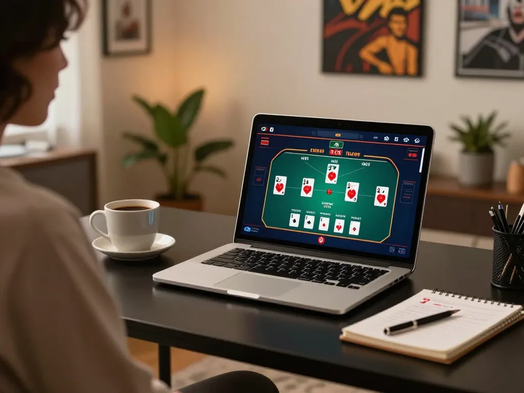 Engaging in game bài online, showing poker gameplay on laptop at home.