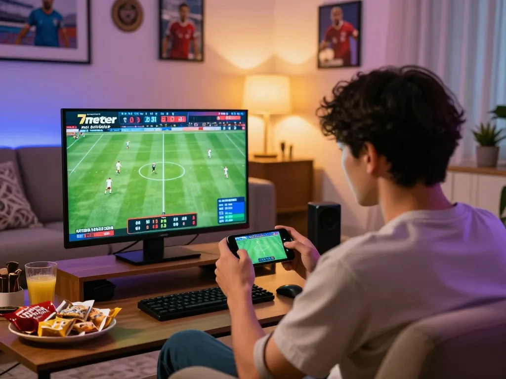 Engaged player betting on 7meter Judi Bola with smartphone during live soccer game.