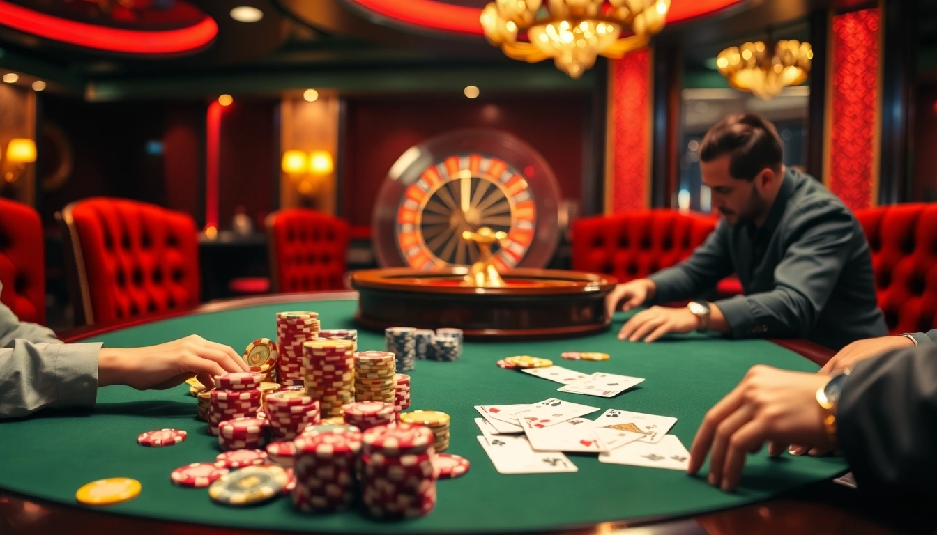 Exciting poker game at https://f1686s.com/ with players, chips, and a roulette wheel.