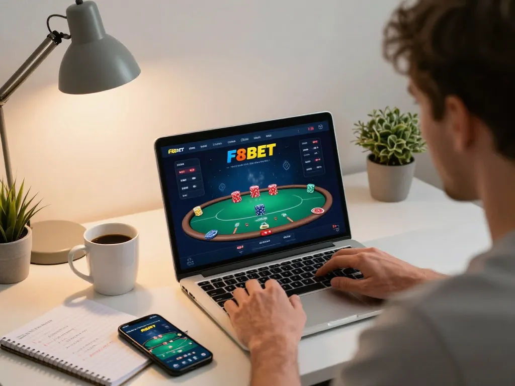 Player enjoying strategic poker on F8BET online casino platform in cozy home office.