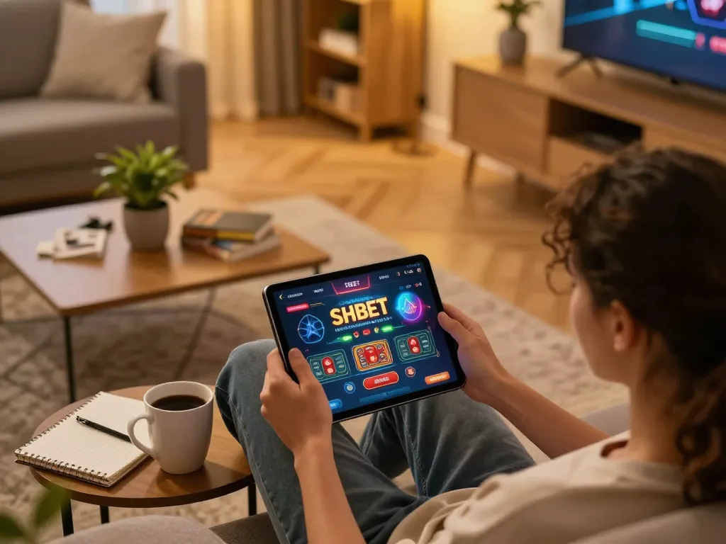 Engaging with the SHBET casino app in a cozy home gaming setup