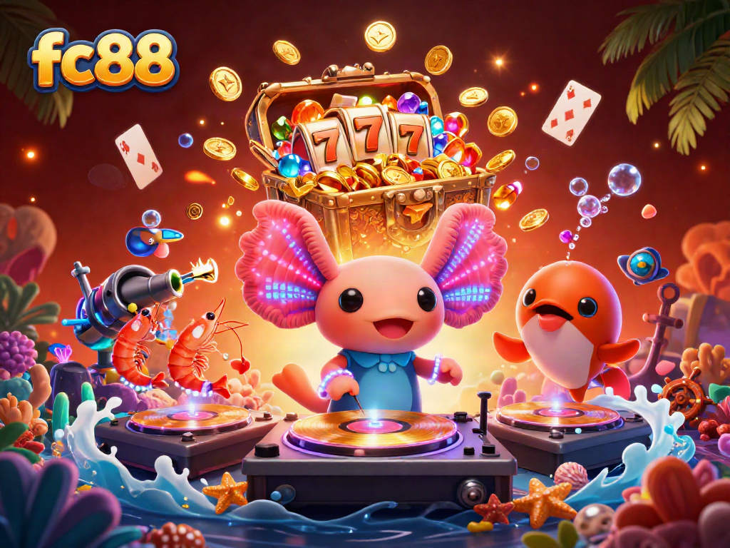 Tham gia trò chơi casino sôi động cùng fc88 với DJ axolotl và bạn nhảy dưới biển.