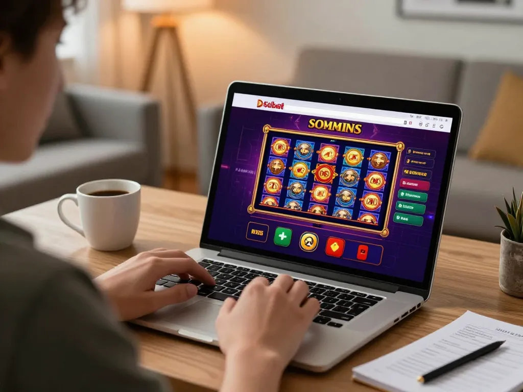 Engaging in Slot Resmi gaming on a laptop at home, showcasing vibrant game interface and cozy atmosphere.