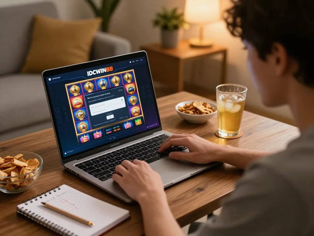Engaged user accessing IDCWIN88 Login on laptop for social slot gaming in a cozy setting.