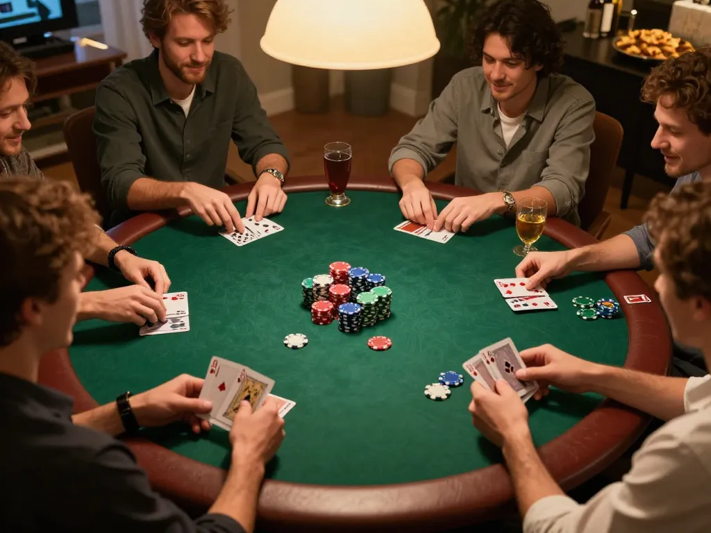 Sunwin players engaged in an exciting home poker night with vibrant chips and focused hands.